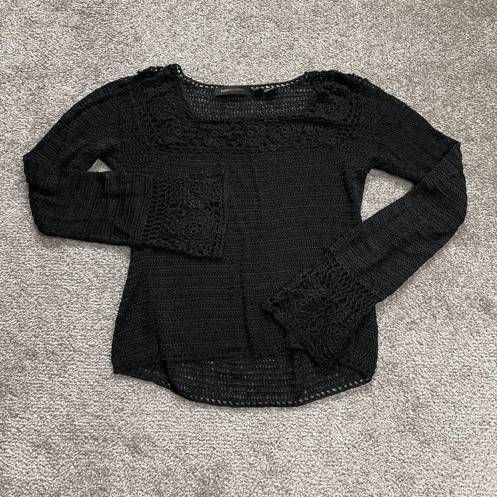 BCBGMAXAZRIA Shirt Girls Large Black Knit Long Sleeve Rayon Square Neck Juniors